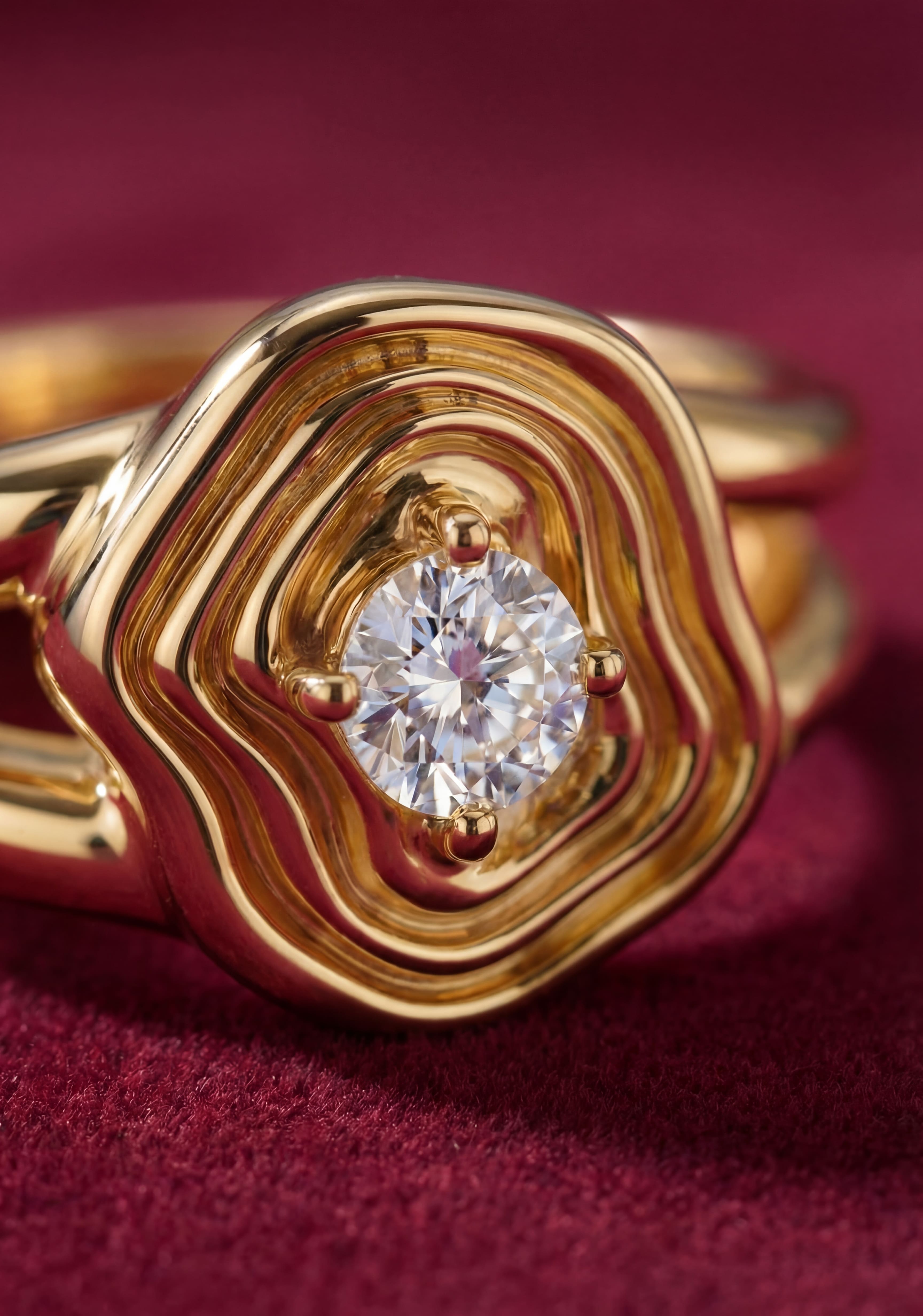 Gold ring with a diamond on a red fabric background